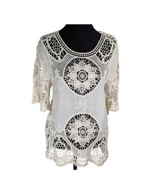 energie wmns crochet Top Sz S 100% cotton Bust 39"L 25"SL 13" cream color NWT